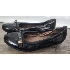 AGL Women's Sz. 37 Black Leather Faux Buckle Piano Flats